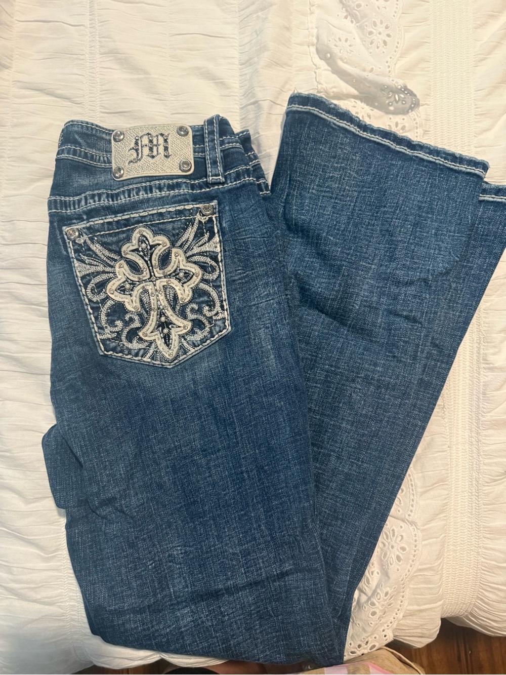 MissMe Embellished Dark Blue Women’s Jeans with Cross Pocket Detail